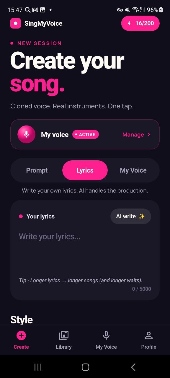 Create tab — clone your voice, write lyrics, pick a style